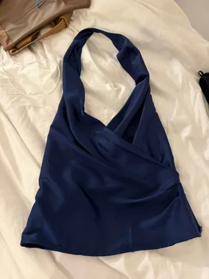 Silk Navy Cowl Neck Halter Top Blue thumbnail 2