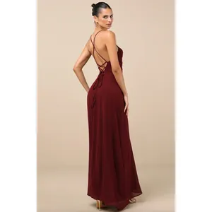 Lulus Event Ready Burgundy Backless Lace-Up Maxi Dress Chiffon Formal Small NWT thumbnail 4