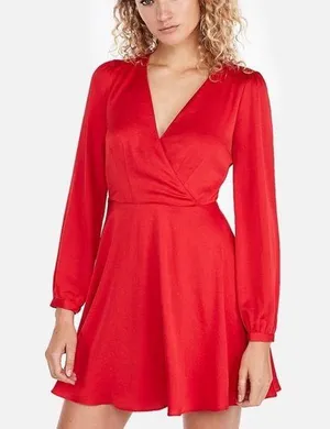 Express Satin Long Sleeve Surplice Fit and Flare Blouson mini Dress Red sz Small thumbnail 1