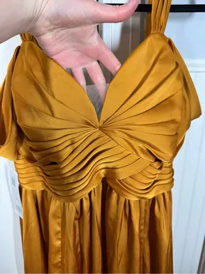 Azazie Lianne Butterscotch A-Line Off the Shoulder Stretch Satin Dress Size 16 thumbnail 4