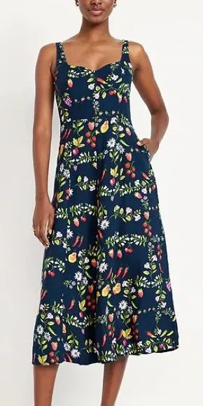 Old Navy fruits veggies midi dress linen fit & flare navy sleeveless pockets thumbnail 1