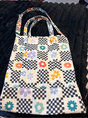 Checkerboard Floral Canvas Tote Bag in Multi-Color thumbnail 3