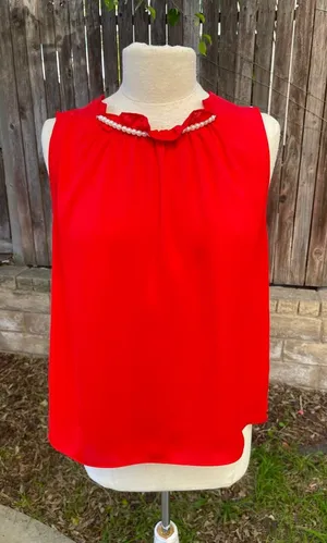 Zara Red Sleeveless Top pearls necklace party classic career Xmas holiday L thumbnail 1