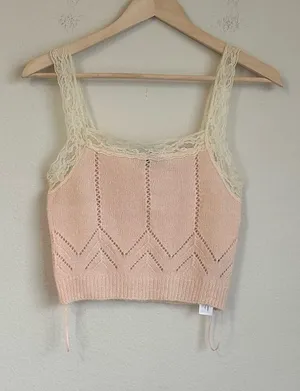 NWT Zara Pointelle Knit Lace Trim Crop Tank thumbnail 1