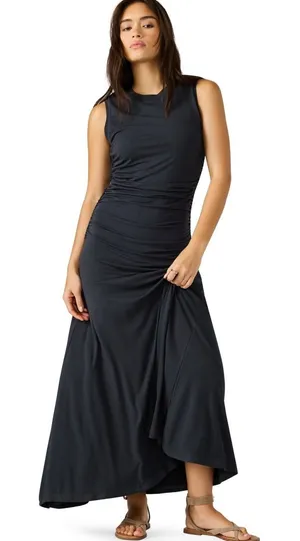 Steve Madden Womens Jace Maxi Dress Large Faded Black Ruched Sleeveless Pullover thumbnail 1