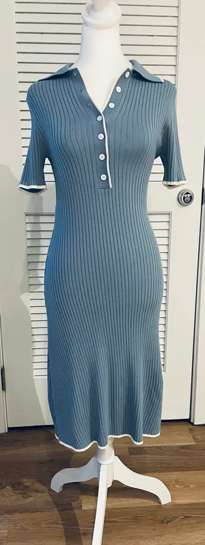 Merokeety Women's V Neck Ribbed Knit Midi Dress Short Sleeve Button Elegant Bodycon Sweater Dress thumbnail 4