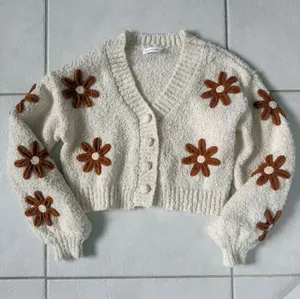 Altar’d State Cream Cropped Cardigan Sweater with Brown Flowers XXS thumbnail 1