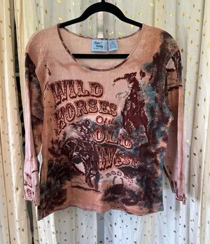 Jane Ashley 100% Cotton Beaded Wild Horses Of The Old West Rodeo Casual Top M thumbnail 1