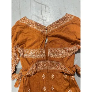 Free People Rust Orange Embroidered Long Sleeve Romper Boho V-Neck Small thumbnail 2