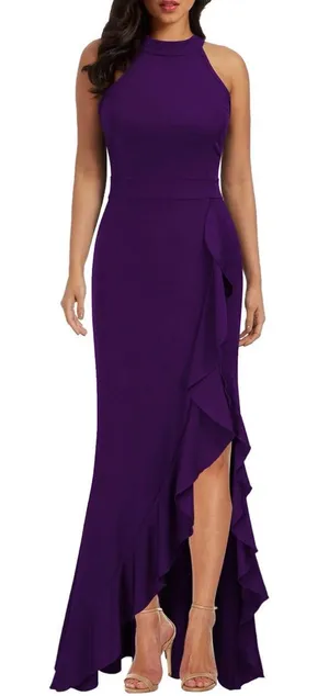 WOOSEA Women's High Neck Split Bodycon Mermaid Evening Cocktail Long Dress thumbnail 1