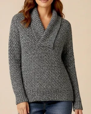 LL Bean Black Marled Pullover Cable V Neck Shawl Collar Cotton‎ Sweater SMALL thumbnail 1