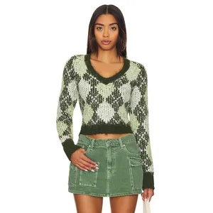 Lovers and Friends Tanessa Argyle Sweater Womens XS Green Fuzzy Knit Preppy Wool thumbnail 9