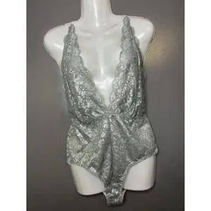 HAH Lace Bodysuit Womens Large Silver Plunge Teddy Sheer Floral Strappy Lingerie thumbnail 2