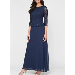 Alex Evenings Navy Blue Lace Sequin 3/4 Sleeve Maxi Dress Sz 6 Mother of Bride‎ thumbnail 3