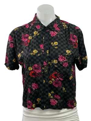 Vans Black Check Gingham Floral Short Sleeve Cropped Button Down Shirt Top Sz M thumbnail 1
