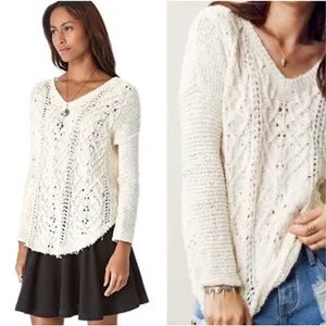 Free People Cross My Heart Vneck Sweater Women’s S Pullover Cream Grunge Boho‎ thumbnail 5