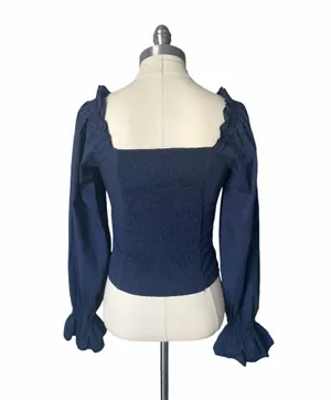 Anthropologie NWT Navy Blue Blouse Sz XS Cotton Sweetheart Neck 3/4 Puff Sleeve thumbnail 4