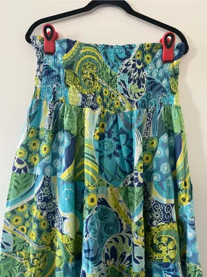 Y2K Tropical Strapless Blue Green Smocked Midi Dress Large 100% Cotton Resort thumbnail 2