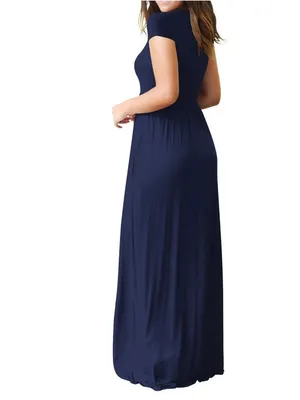 Women's Navy Blue Short Sleeve Maxi Dress with Pockets thumbnail 2