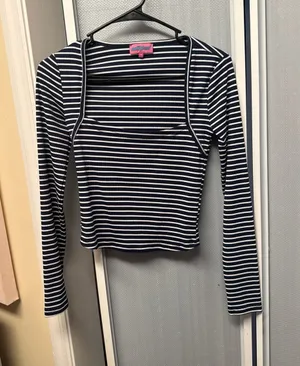 Edikted Alex Navy and White Striped Long Sleeve Square Neck Top thumbnail 1