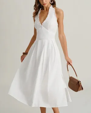 Rihoas White V Neck Halter Sleeveless Midi Dress thumbnail 1
