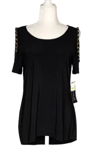 Coco Bianco Top Black Cold Shoulder Gold Chain Strap Detail Top Size Medium NEW thumbnail 1