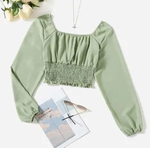 Solid Ruched Bust Scoop Neck Shirred Blouse thumbnail 1