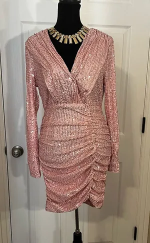 Pink sequin ruched mini dress thumbnail 1