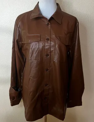 Anine Bing Hutton Faux Vegan leather brown shirt shacket LARGE FLAWED thumbnail 1