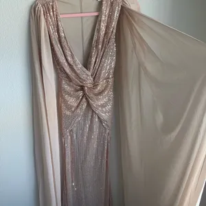 Elegant Sequin Maxi Gown with Sheer Cape Gold Size XS thumbnail 4
