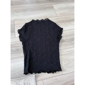 SheIn Womens Black Floral Lace Mesh Top Mock Neck Short Sleeve Lettuce Edge Small thumbnail 2