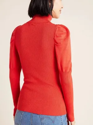 Anthropologie Cecilia Ribbed Puff Sleeve Turtleneck Sweater Red size Medium thumbnail 2