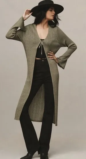 By ANTHROPOLOGIE Long Shine Cardigan‎ Sweater Green Tie Front Knitwear Small thumbnail 1