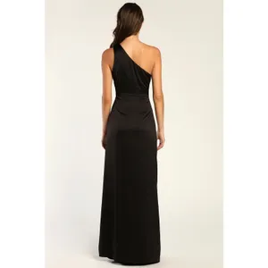 NWOT Lulus Dreaming of Elegance Black Satin One Shoulder Maxi Dress Size L thumbnail 3