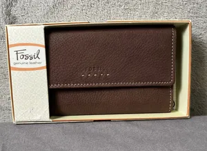 Vintage Fossil Brown Genuine Leather Trifold Checkbook Wallet 90s Indie Boho New thumbnail 1