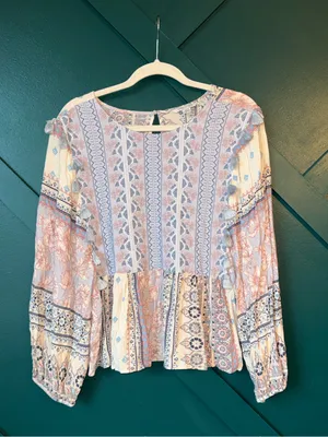 American Eagle BohoPatchwork Peasant Top in Beige, Blush & Light Blue thumbnail 2