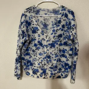 Sézane Lisette Gilet Floral V neck button front mohair Sweater - Blue Peonies XS thumbnail 2