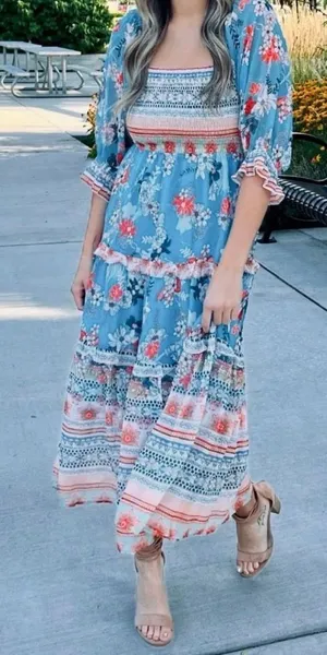 Blue Floral Smocked Tiered Midi Dress thumbnail 1