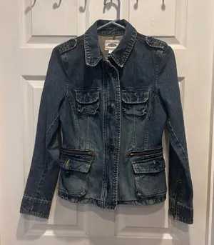 Old Navy Womens Medium Blue Denim Military Safari Jacket Zip Cargo Pockets Y2K thumbnail 1