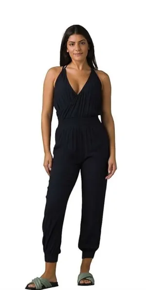 Prana Fernie black halter Jumpsuit with pockets Size Medium travel hiking‎ walk thumbnail 1