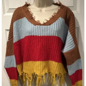 Women Distressed Oversized V Neck Sweater Fringe Hem Colorblock Boho Y2K Small thumbnail 1