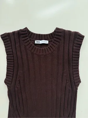 Zara Chocolate Brown Ribbed Sweater Vest Size Large thumbnail 2
