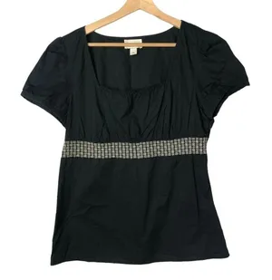 Ann‎ Taylor LOFT Black Babydoll Belted Waist Short Sleeve Blouse 12 thumbnail 1