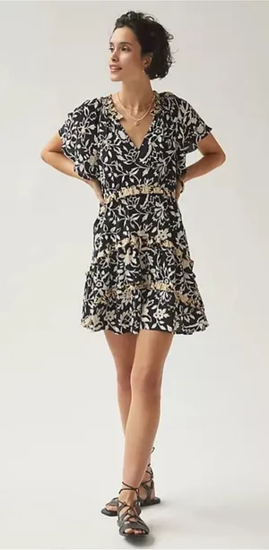 ANTHROPOLOGIE Robin Tiered Mini Dress in Black and Cream floral size‎ XS thumbnail 1