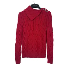 Lauren Ralph Lauren M Red Cable Knit Shawl Collar Button Shoulder Sweater Chunky thumbnail 3