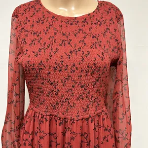 NWT bohme Smocked Tiered Maxi Dress Sheer Sleeves Rust with black design size S thumbnail 1