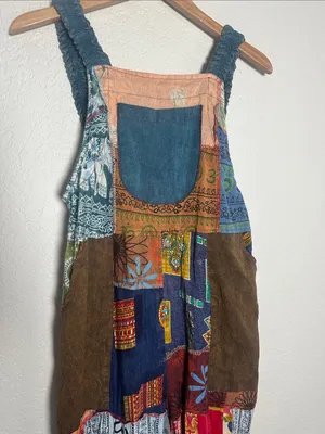 NEW Patchwork Jumpsuit Overalls Granola Girl Hippie Pockets Stretchy Straps Fall thumbnail 2