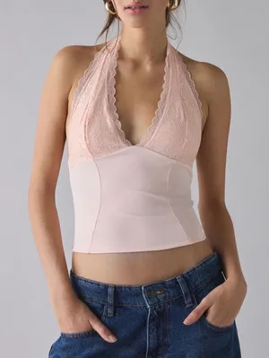 Urban Outfitters Lace Trim Plunge Halter Top thumbnail 1