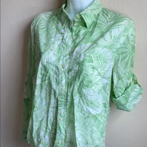 Ralph Lauren Petite Medium 100% cotton green & white long sleeve roll tab blouse thumbnail 1