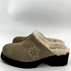 Ugg Solvang Clogs Y2K Suede Sheepskin Shearling Chunky Block Heel Floral Beige 6 thumbnail 3